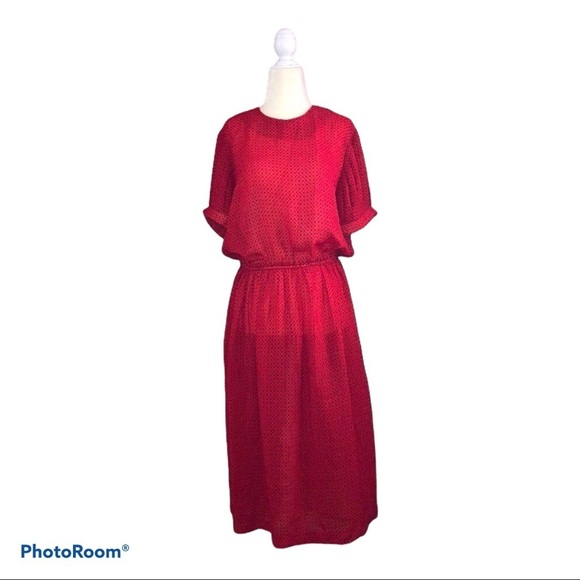 Vintage IFI Dress Blue Dots Print Red Short Sleeve Midi Dress - Picture 1 of 7
